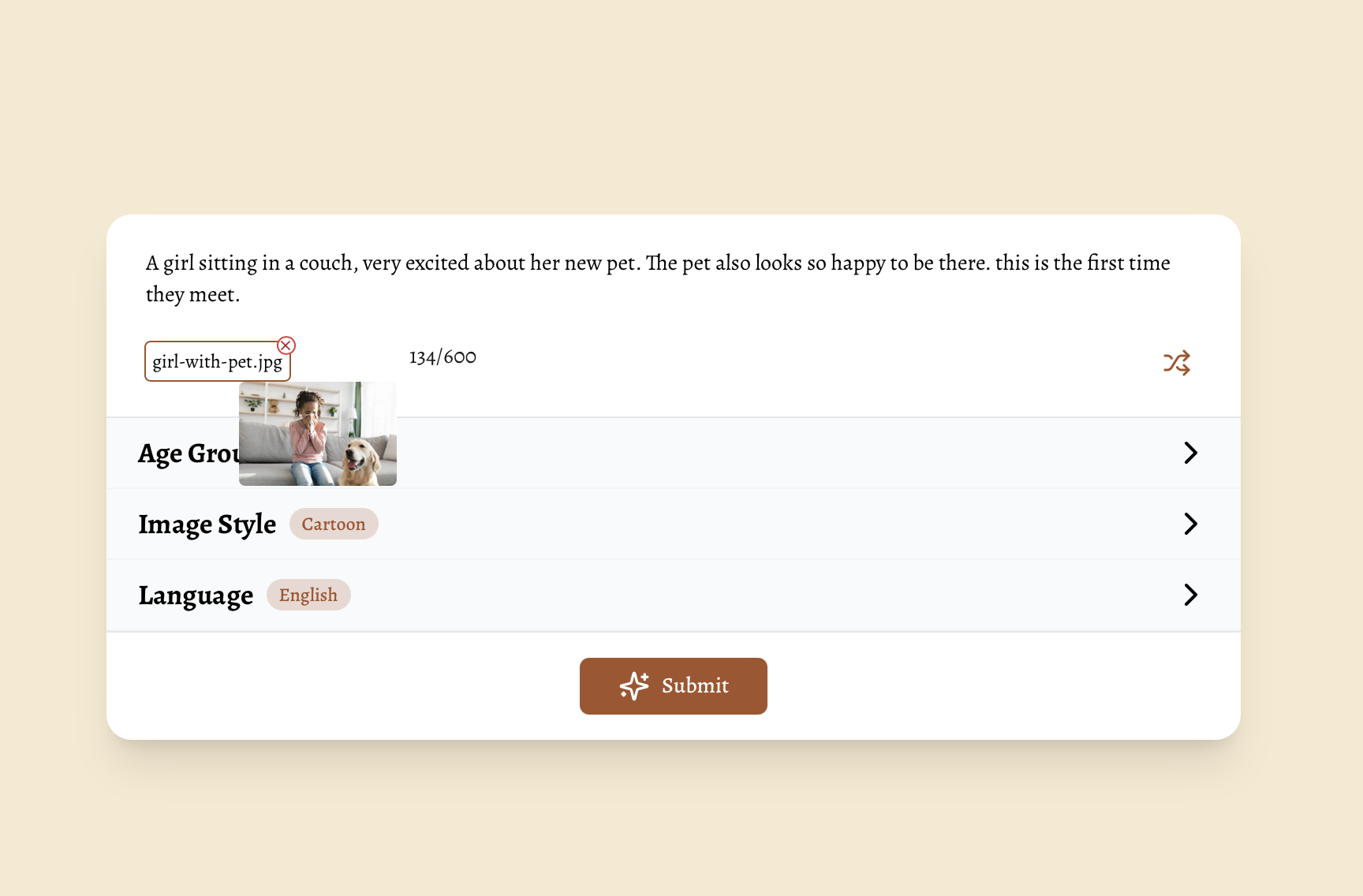 StoryBee story creator with an uploaded photo and a short description